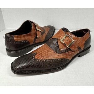 Belvedere Genuine Lizard Wingtip Monk‎ Strap Shoes Two Tone Brown Mens 10.5 EUC